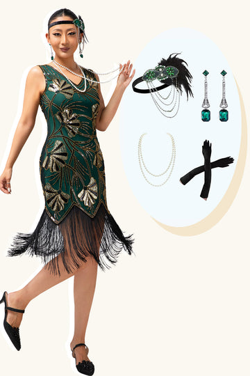 Vestido Verde Golden Beaded Fringe 1920s com conjunto de acessórios de 4 peças